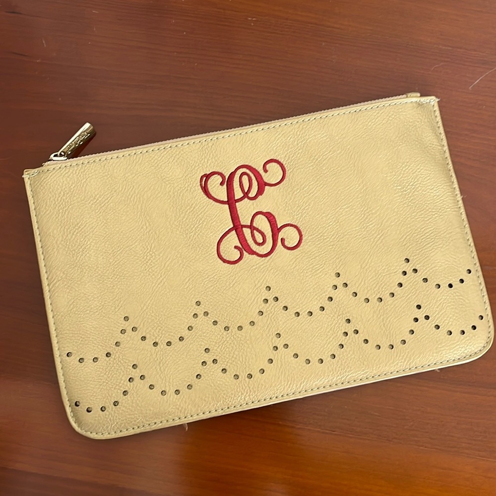 Gold Envelope Clutch with red Monogram letter “C”